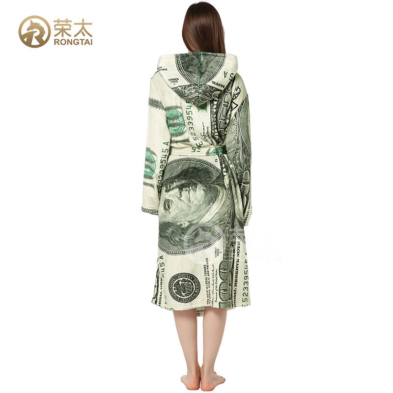 Wholesale US Dollar Printed Couple Hooded Flannel Bathrobe Personalized Pajamas
